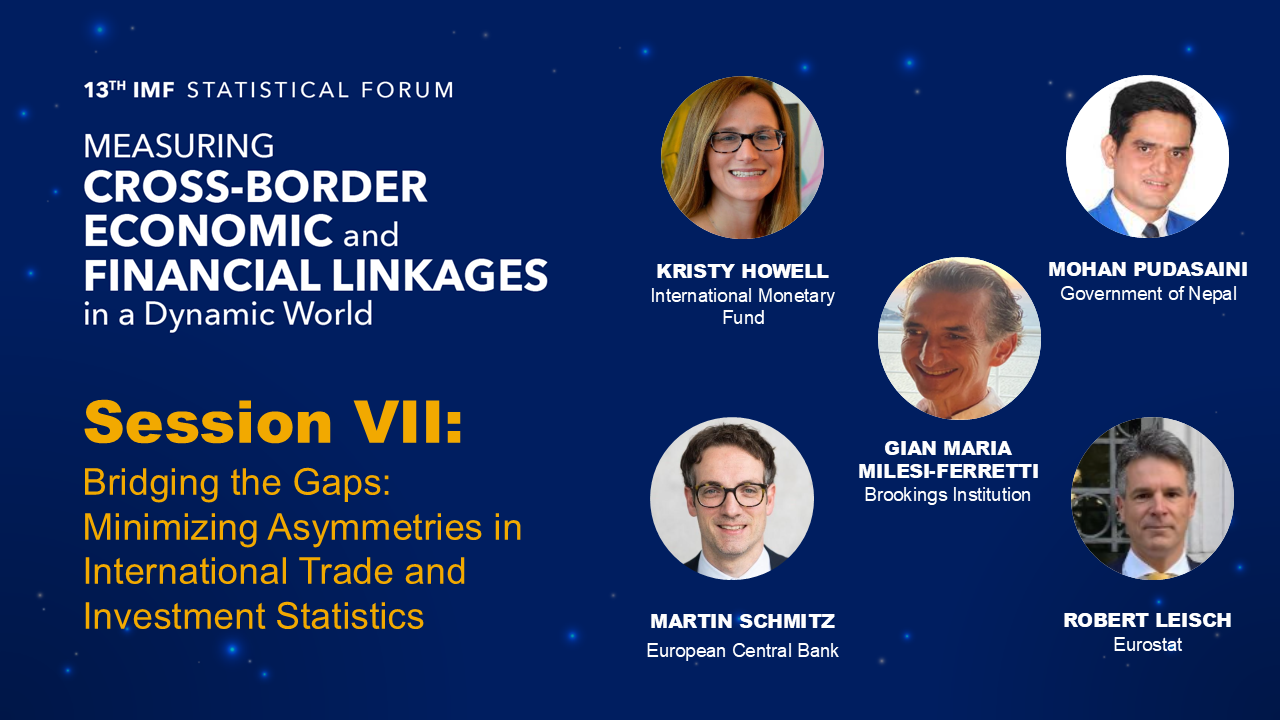 Poster for the 13th IMF Statistical Forum showing Session VII, titled “Bridging the Gaps: Minimizing Asymmetries in International Trade and Investment Statistics,” with speaker photos and names, including Mohan Pudasaini.