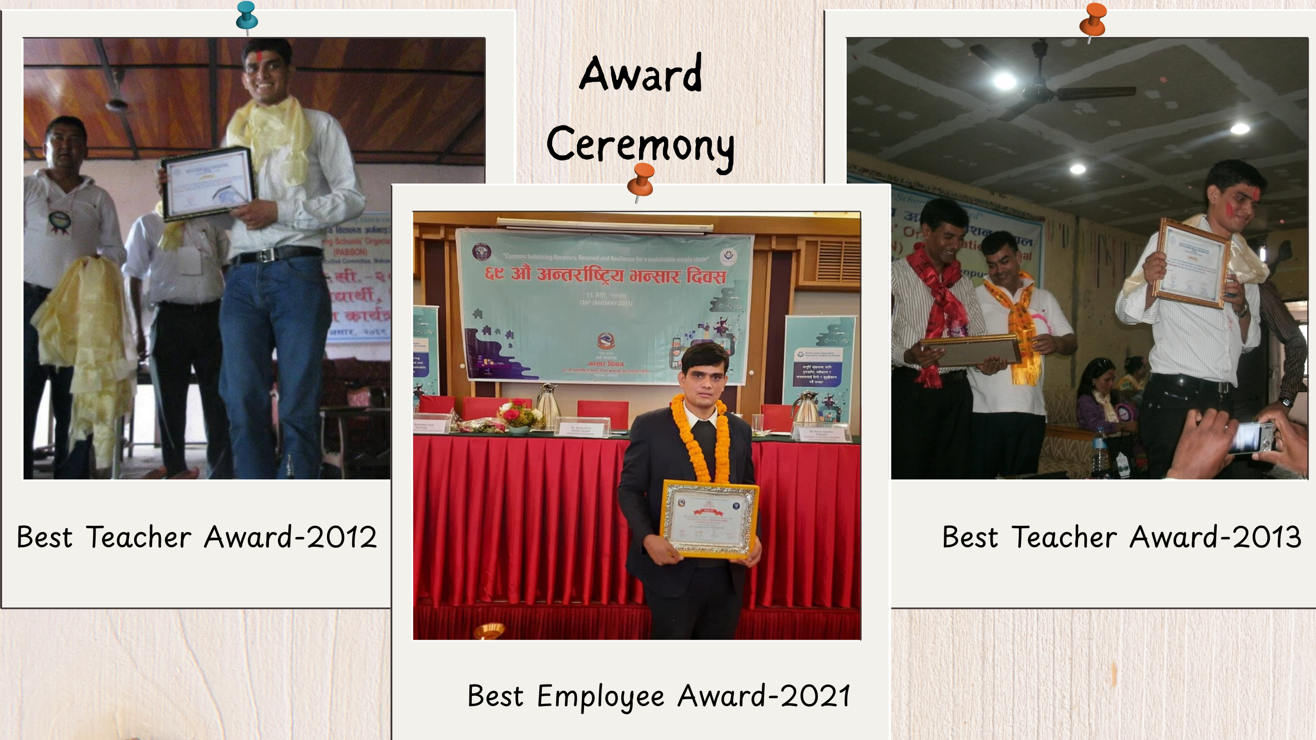 Collage showing Best Teacher, Best Employee, and Customs Recognition Awards – WCO accredited expert and trainer from Nepal
