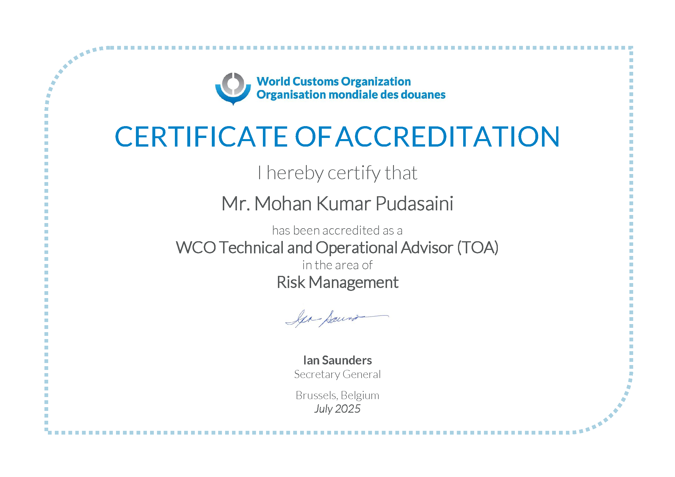 Official Certificate of WCO Accredited Technical and Operational Advisor on Risk Management – Customs expert and facilitator