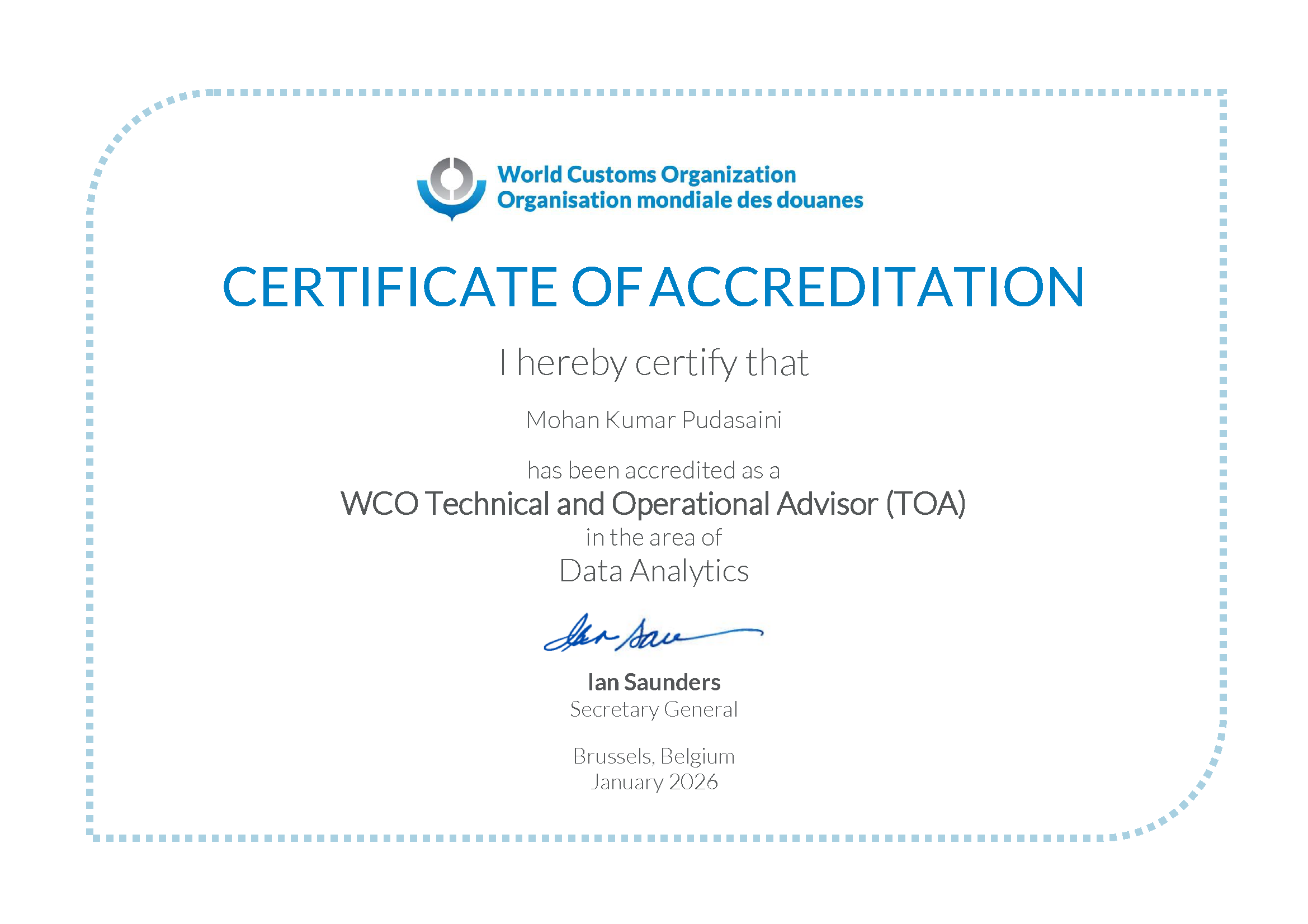 Official Certificate of WCO Accredited Technical and Operational Advisor in the area of Data Analytics – Trade, Customs expert and facilitator
